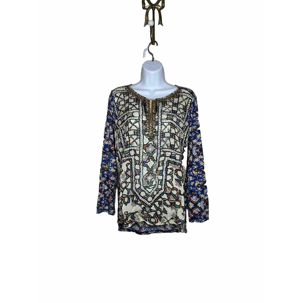 Ritu Kumar Multicolor Beaded Tunic Top Small S Long Sleeve Boho Peasant